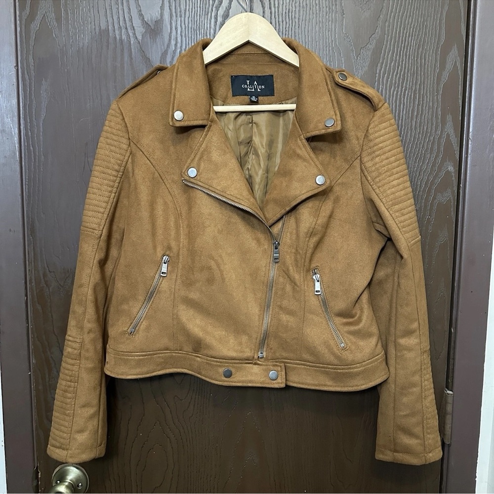 LA Coalition Moto Jacket Womens XL Brown Faux Suede Biker Zip Motorcycle - Picture 2 of 3